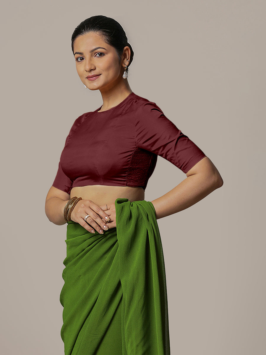 Myra x Rozaana Saree Blouse, in Maroon Vegan Silk, featuring elbow sleeves and jewel neckline, made for party & festive.