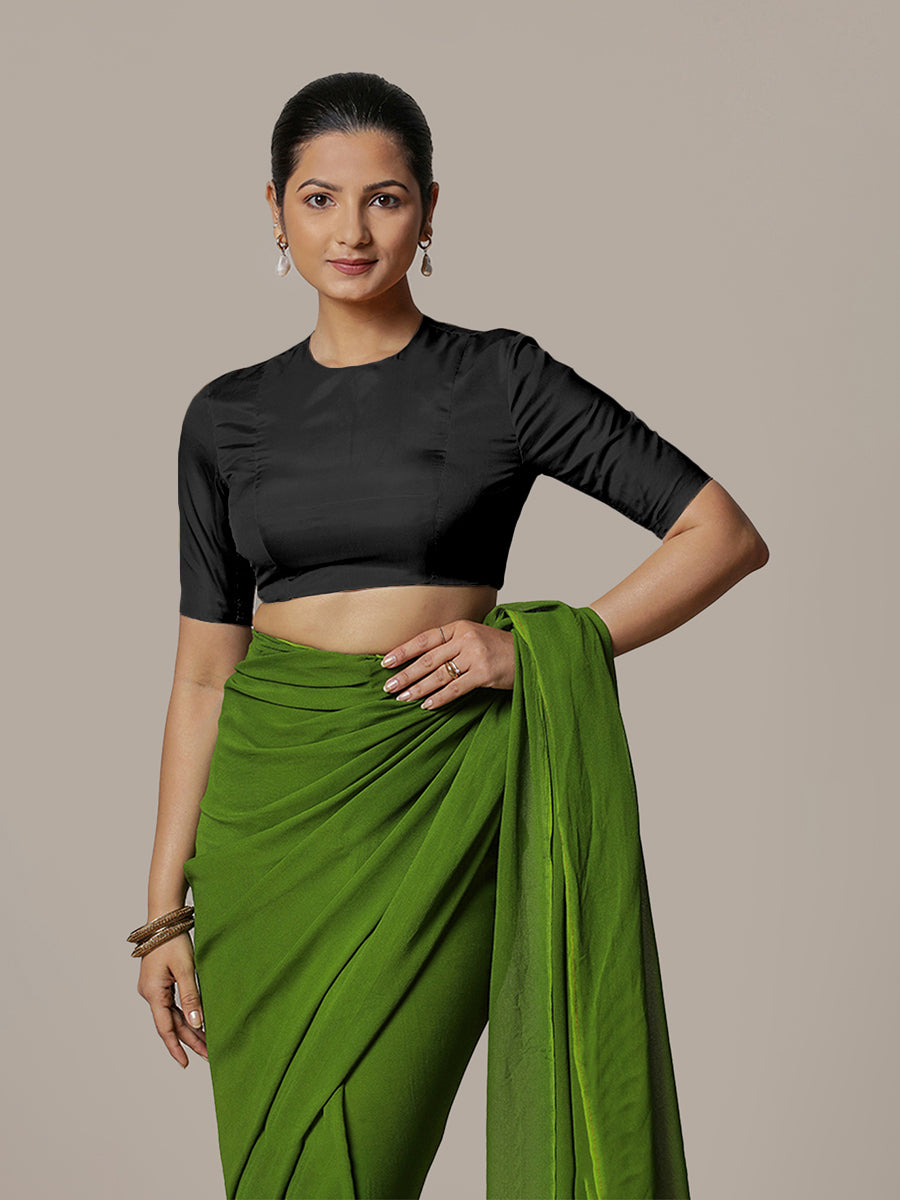Myra x Rozaana Saree Blouse, in Black Vegan Silk, featuring elbow sleeves and jewel neckline, made for party & festive (view 5).