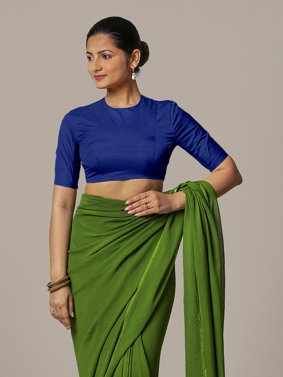 Myra x Rozaana Saree Blouse, in Blue Vegan Silk, featuring elbow sleeves and jewel neckline, made for party & festive (view 7).