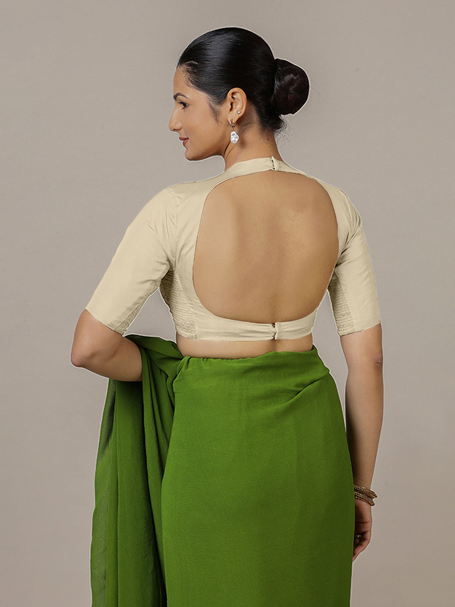 Myra x Rozaana Saree Blouse, in Cream Vegan Silk, featuring elbow sleeves and jewel neckline, made for party & festive (view 2).
