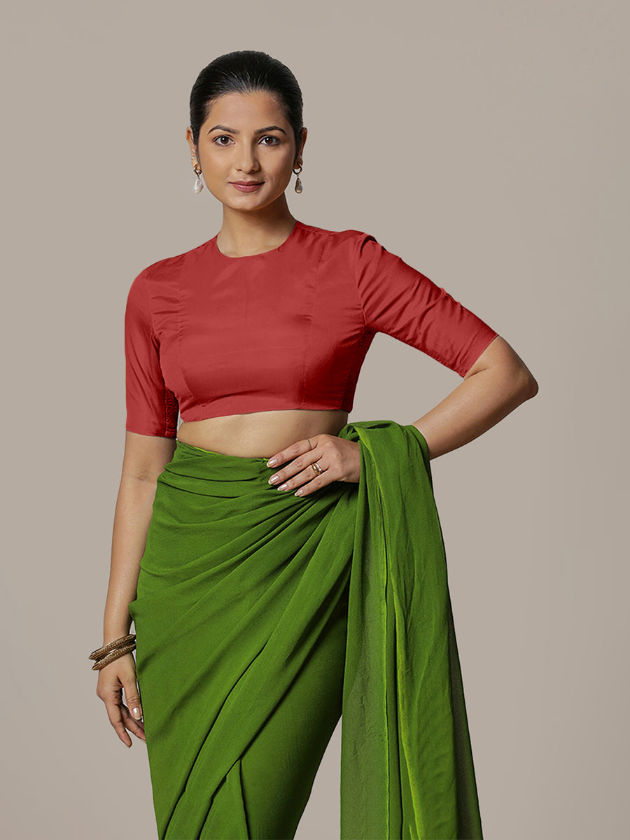 Myra x Rozaana Saree Blouse, in Red Vegan Silk, featuring elbow sleeves and jewel neckline, made for party & festive (view 5).