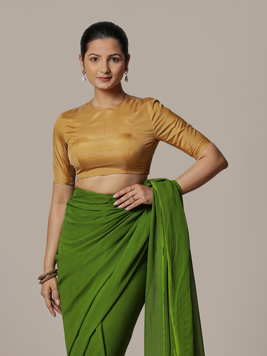 Myra x Rozaana Saree Blouse, in Gold Vegan Silk, featuring elbow sleeves and jewel neckline, made for party & festive (view 5).