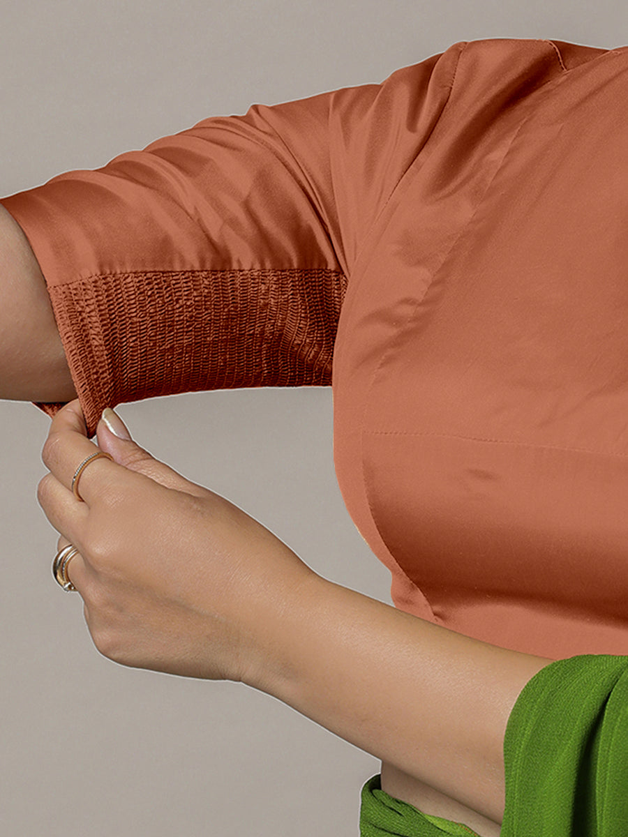 Myra x Rozaana Saree Blouse, in Copper Vegan Silk, featuring elbow sleeves and jewel neckline, made for party & festive.