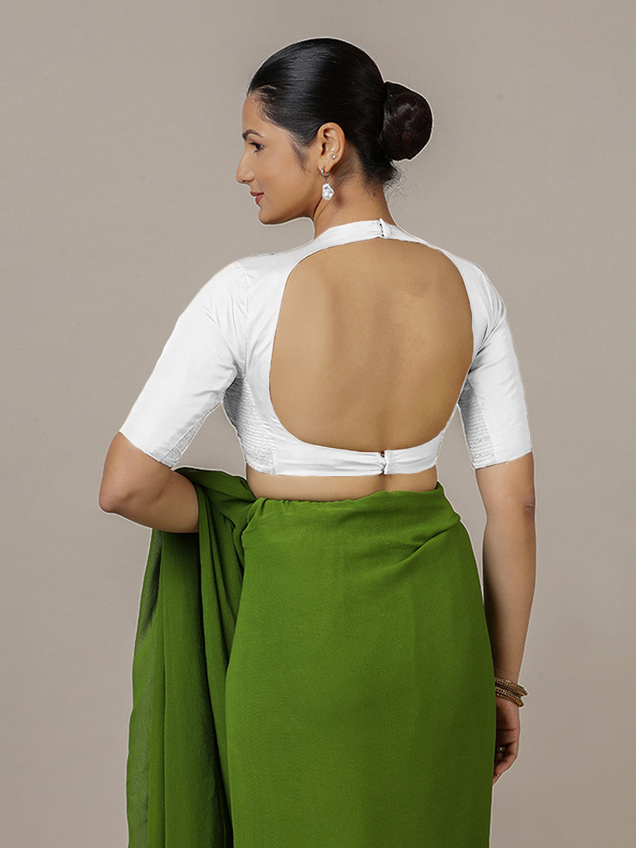 Myra x Rozaana Saree Blouse, in White Vegan Silk, featuring elbow sleeves and jewel neckline, made for party & festive (view 2).