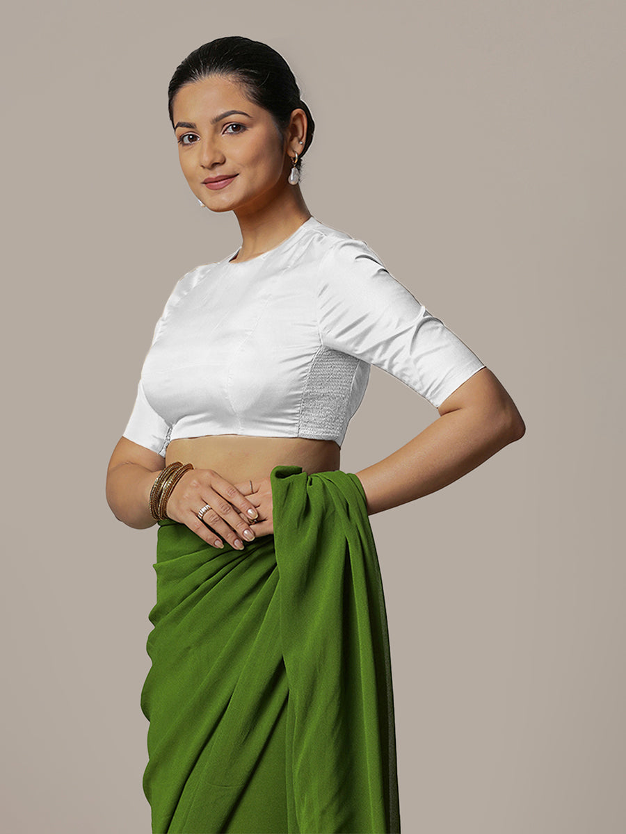 Myra x Rozaana Saree Blouse, in White Vegan Silk, featuring elbow sleeves and jewel neckline, made for party & festive (view 5).