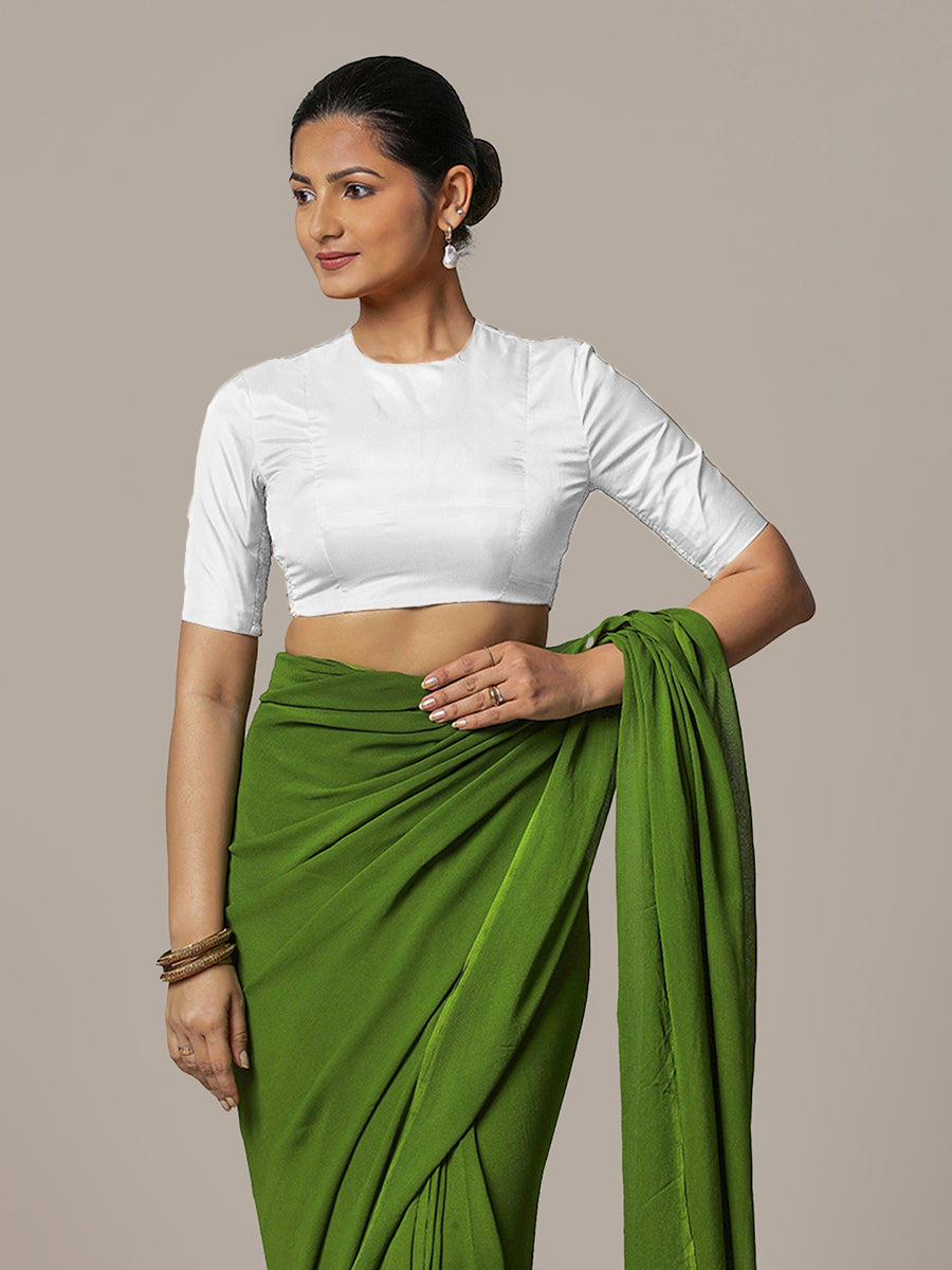 Myra x Rozaana Saree Blouse, in White Vegan Silk, featuring elbow sleeves and jewel neckline, made for party & festive (view 6).