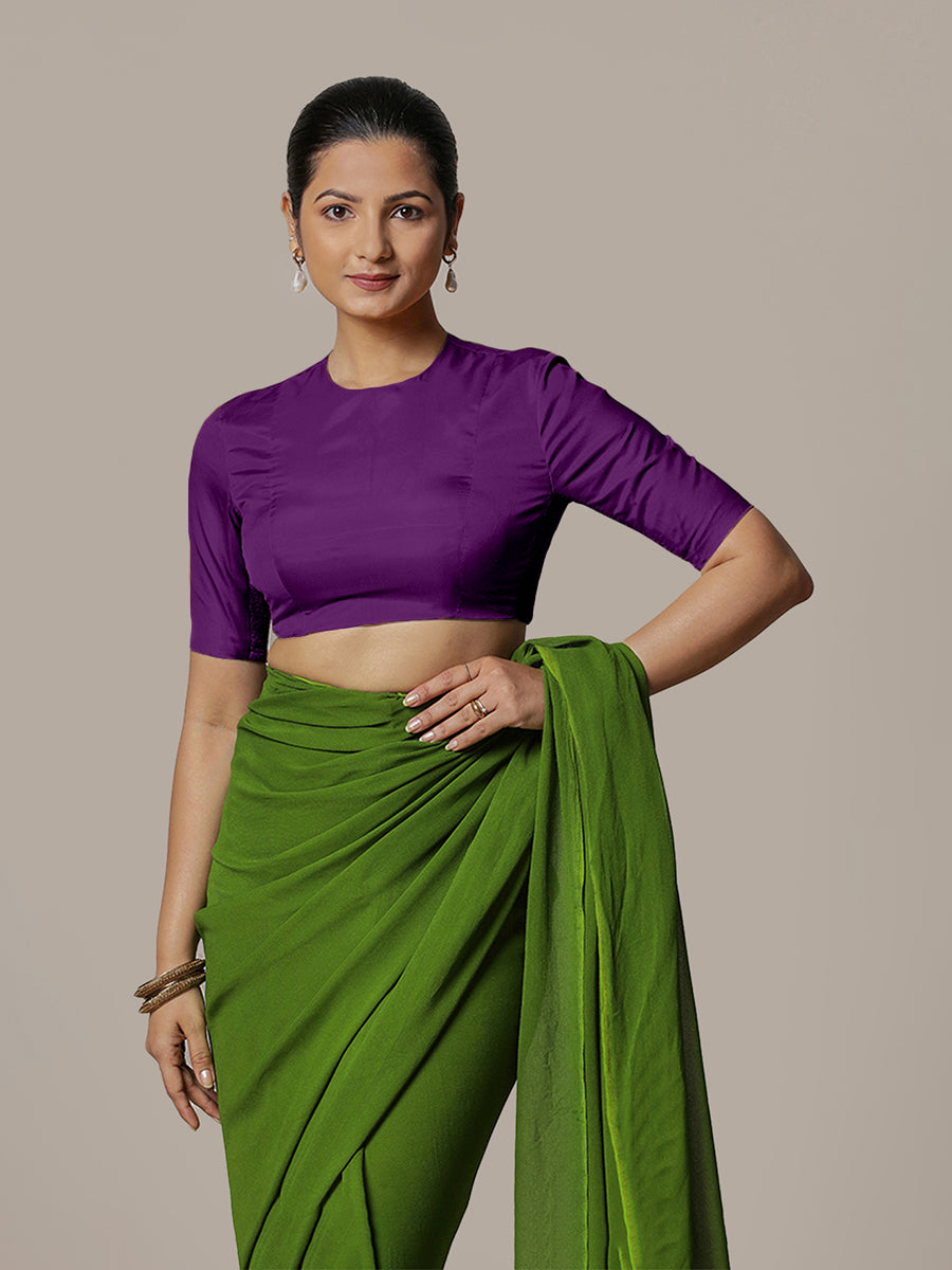 Myra x Rozaana Saree Blouse, in Purple Vegan Silk, featuring elbow sleeves and jewel neckline, made for party & festive.