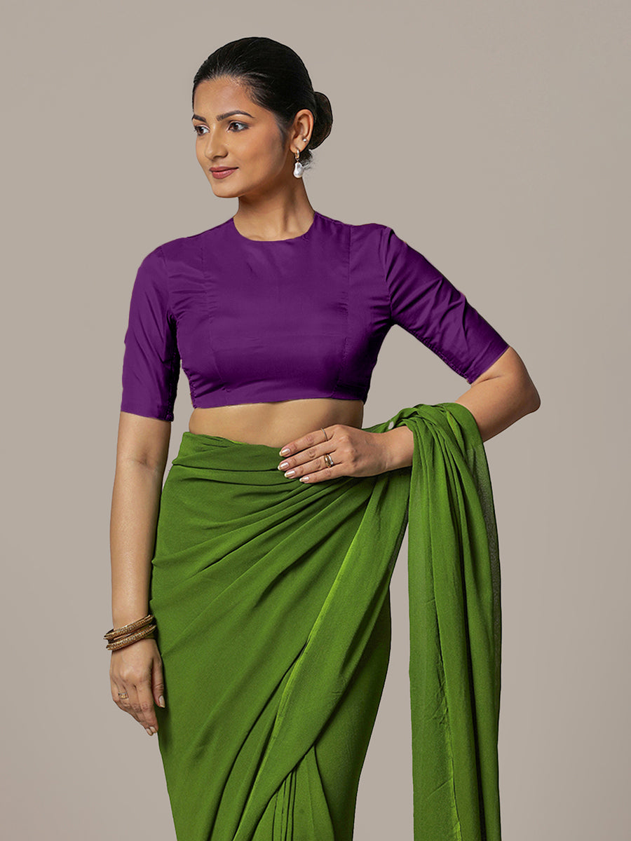 Myra x Rozaana Saree Blouse, in Purple Vegan Silk, featuring elbow sleeves and jewel neckline, made for party & festive.