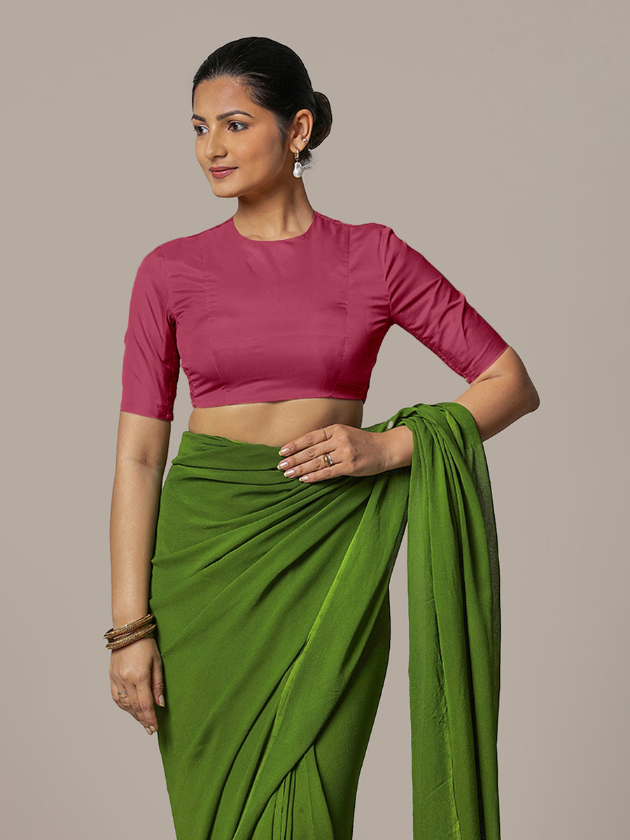 Myra x Rozaana Saree Blouse, in Pink Vegan Silk, featuring elbow sleeves and jewel neckline, made for party & festive (view 7).