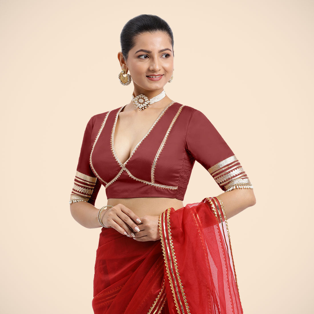 Nafeeza x Tyohaar Saree Blouse, in Red Vegan Silk, featuring elbow sleeves and v-neckline, made for party & festive (view 6).