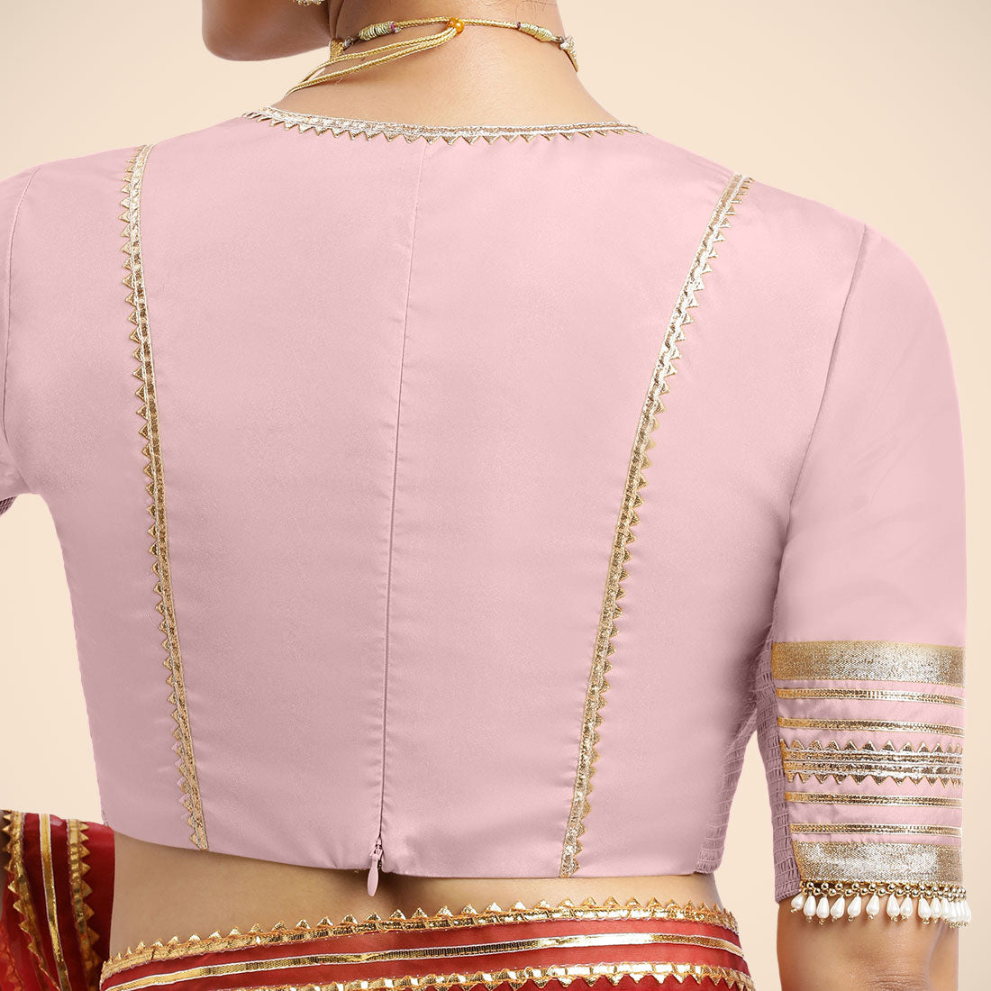 Nafeeza x Tyohaar Saree Blouse, in Pink Vegan Silk, featuring elbow sleeves and v-neckline, made for party & festive (view 2).
