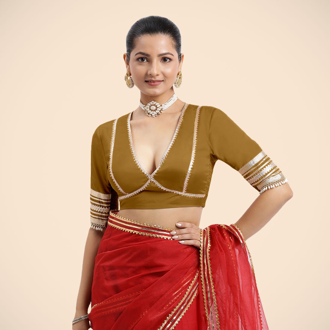 Nafeeza x Tyohaar Saree Blouse, in Gold Vegan Silk, featuring elbow sleeves and v-neckline, made for party & festive.