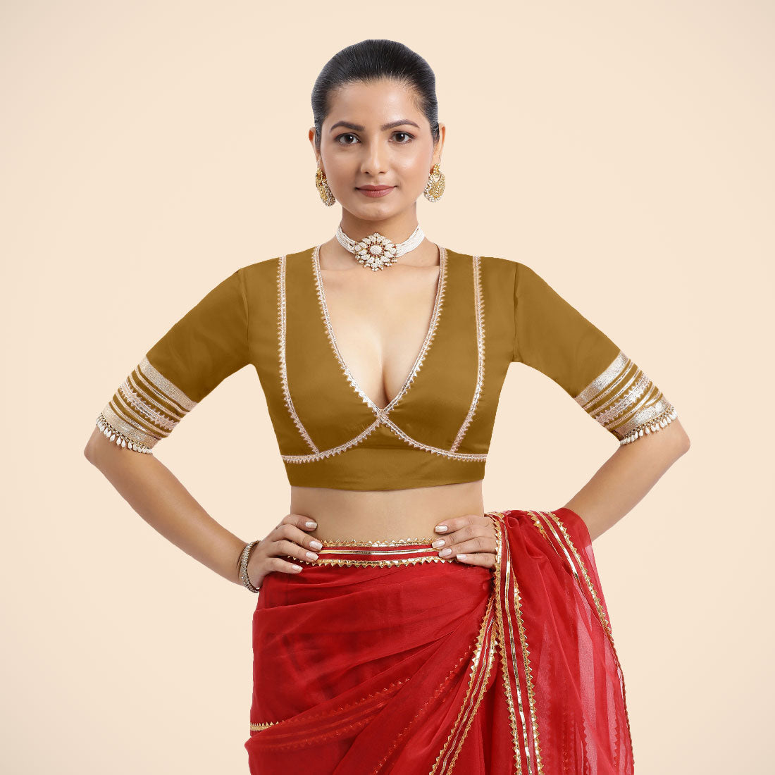 Nafeeza x Tyohaar Saree Blouse, in Gold Vegan Silk, featuring elbow sleeves and v-neckline, made for party & festive (view 4).