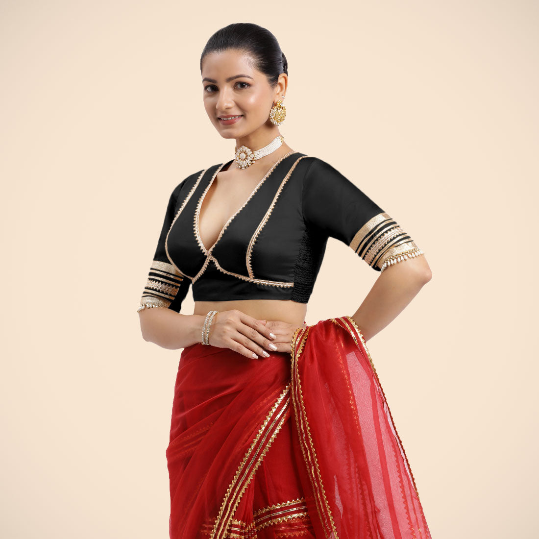 Nafeeza x Tyohaar Saree Blouse, in Black Vegan Silk, featuring elbow sleeves and v-neckline, made for party & festive (view 7).