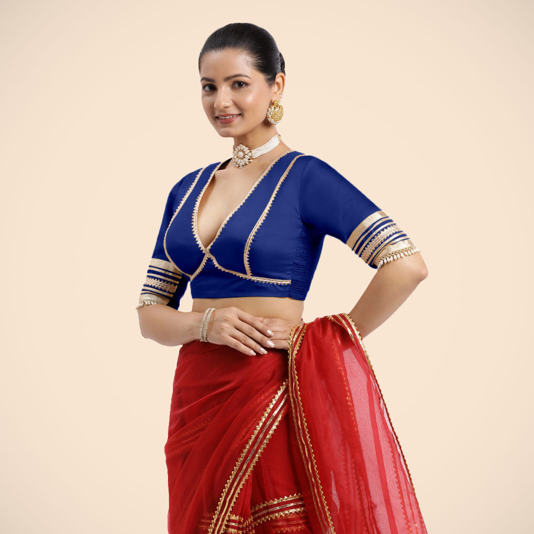 Nafeeza x Tyohaar Saree Blouse, in Blue Vegan Silk, featuring elbow sleeves and v-neckline, made for party & festive (view 6).