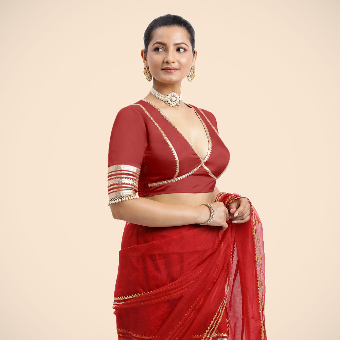Nafeeza x Tyohaar Saree Blouse, in Red Vegan Silk, featuring elbow sleeves and v-neckline, made for party & festive (view 5).