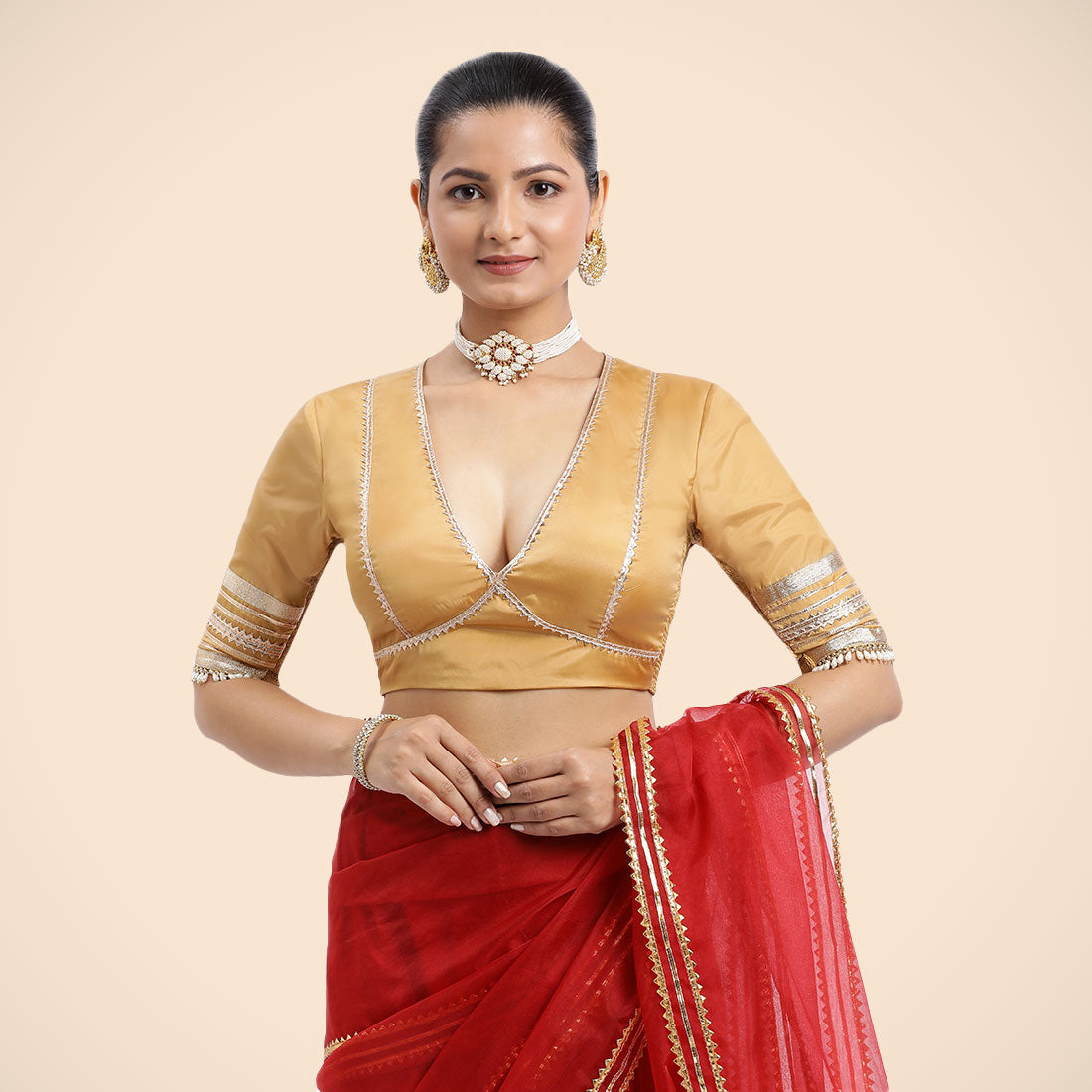 Nafeeza x Tyohaar Saree Blouse, in Gold Vegan Silk, featuring elbow sleeves and v-neckline, made for party & festive (view 5).