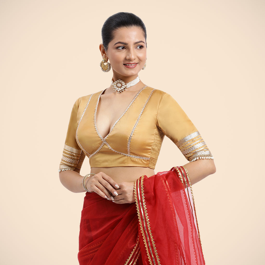 Nafeeza x Tyohaar Saree Blouse, in Gold Vegan Silk, featuring elbow sleeves and v-neckline, made for party & festive (view 6).