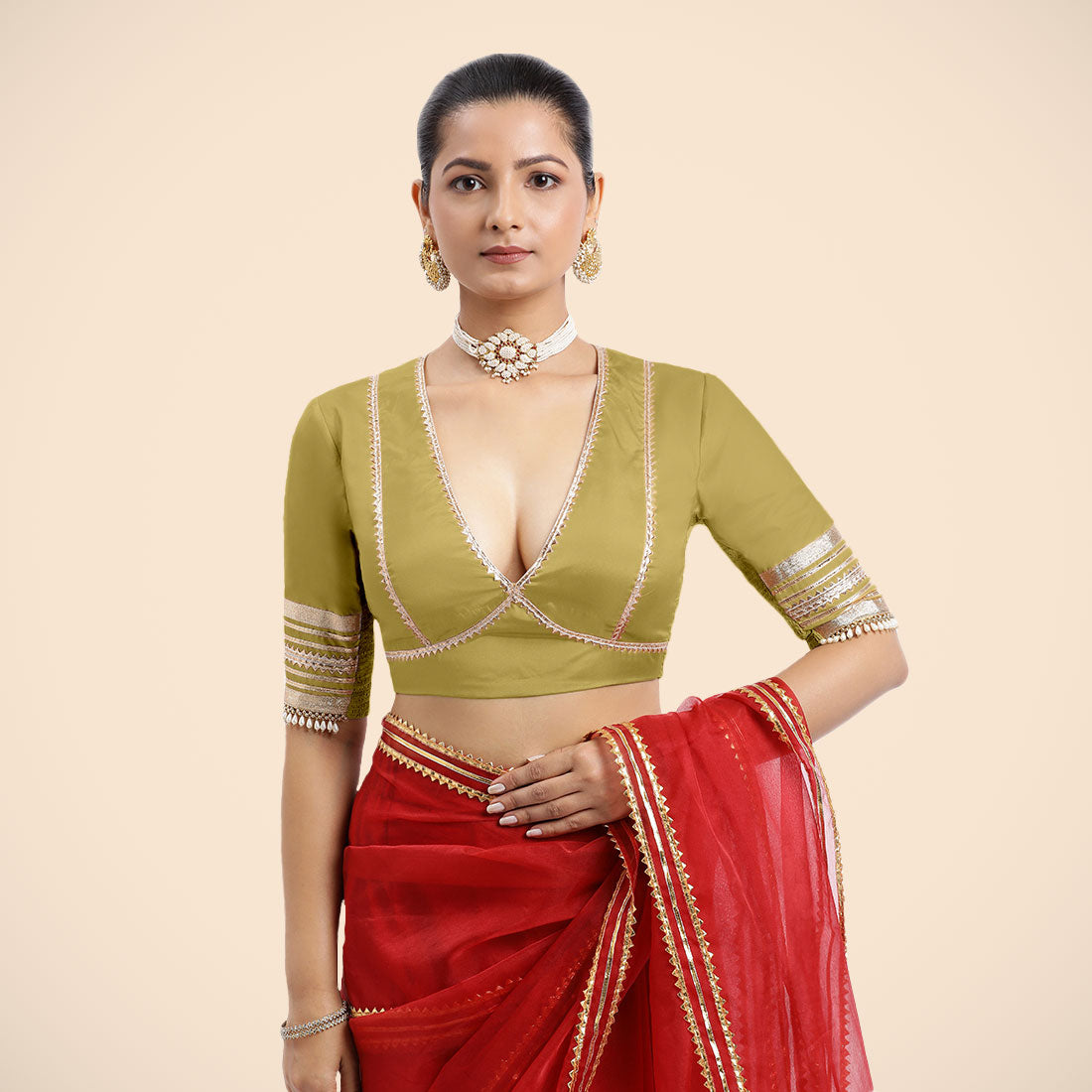 Nafeeza x Tyohaar Saree Blouse, in Yellow Vegan Silk, featuring elbow sleeves and v-neckline, made for party & festive (view 6).
