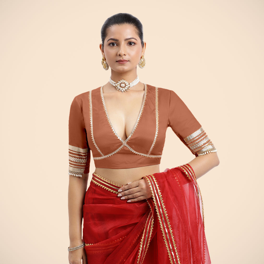 Nafeeza x Tyohaar Saree Blouse, in Copper Vegan Silk, featuring elbow sleeves and v-neckline, made for party & festive (view 4).