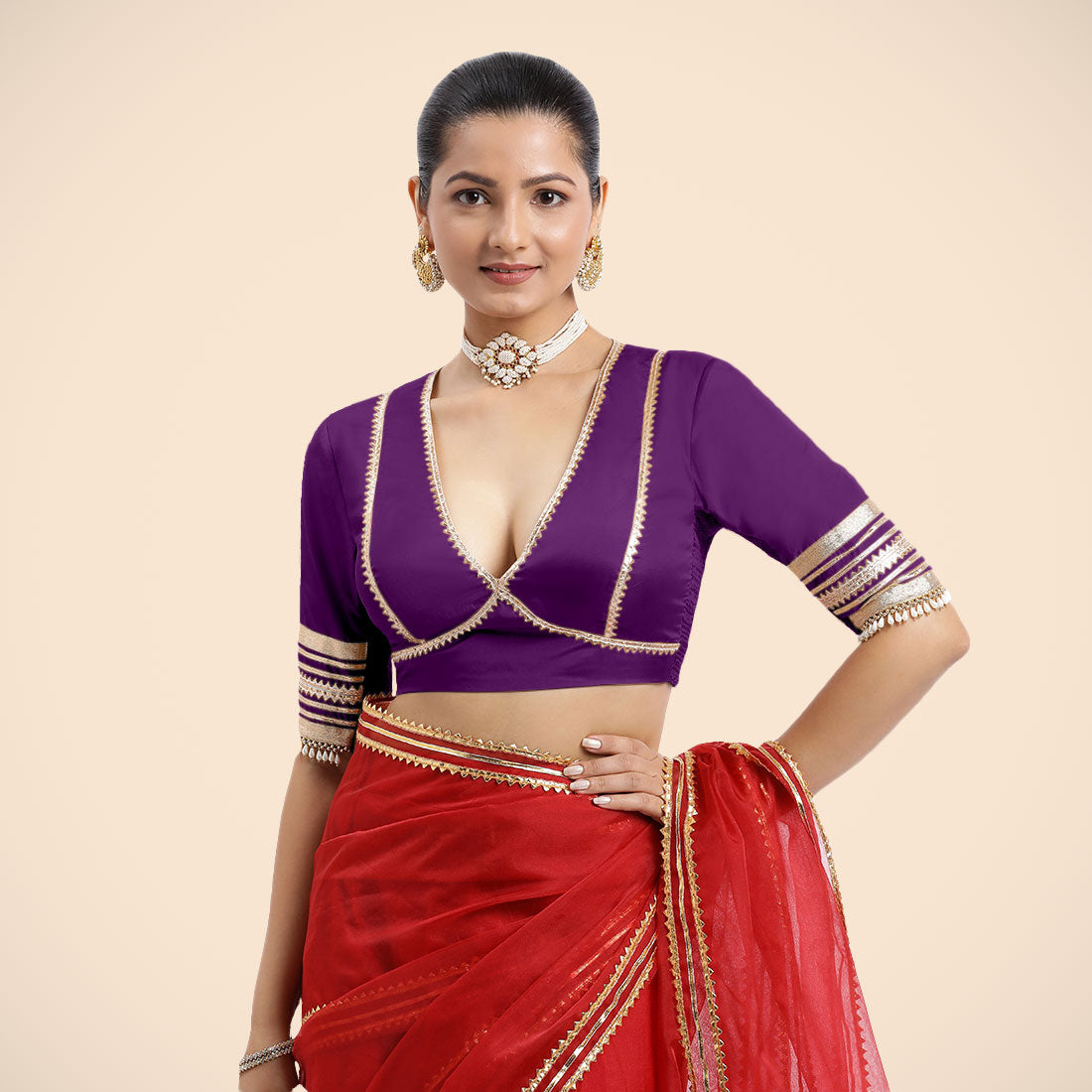 Nafeeza x Tyohaar Saree Blouse, in Purple Vegan Silk, featuring elbow sleeves and v-neckline, made for party & festive (view 5).
