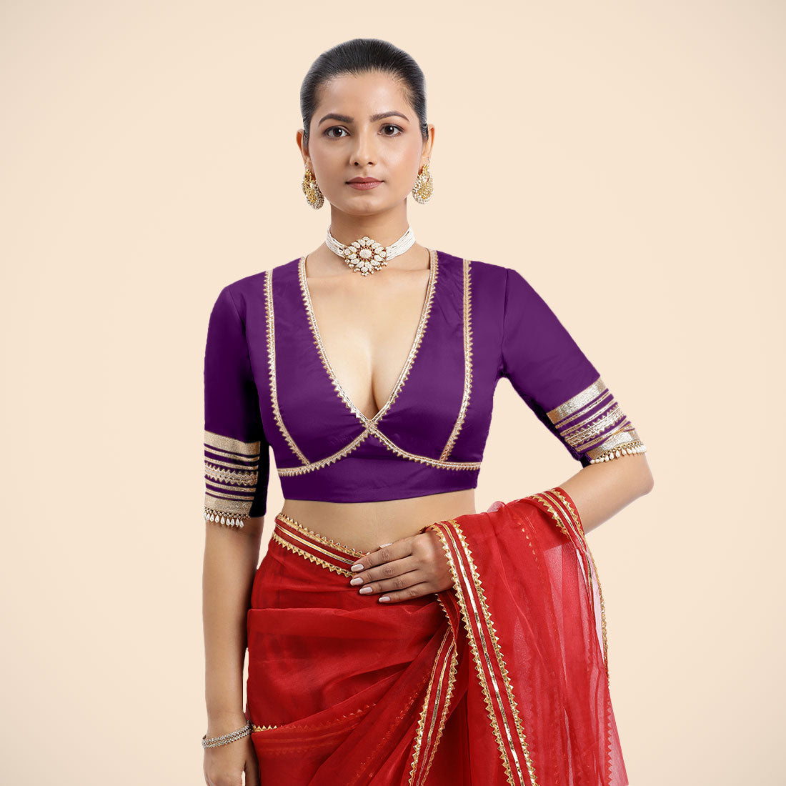 Nafeeza x Tyohaar Saree Blouse, in Purple Vegan Silk, featuring elbow sleeves and v-neckline, made for party & festive (view 7).