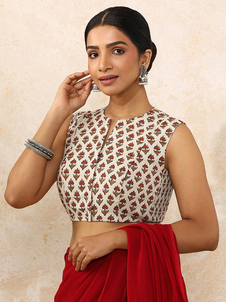 Naimisha x Rozaana Saree Blouse, in Cream 100% Cotton - Block Printed, featuring sleeveless and jewel neckline (view 4).