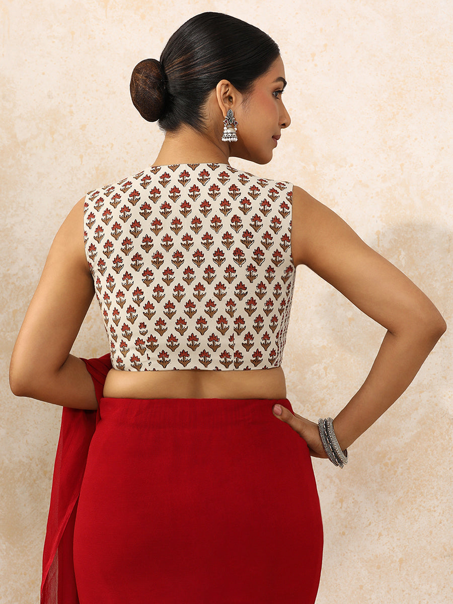 Naimisha x Rozaana Saree Blouse, in Cream 100% Cotton - Block Printed, featuring sleeveless and jewel neckline (view 5).