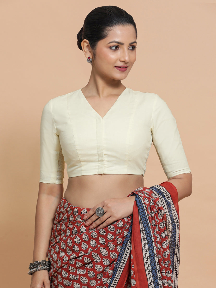 Nalani x Rozaana Saree Blouse, in White Linen, featuring elbow sleeves and v-neckline, made for daily & work.