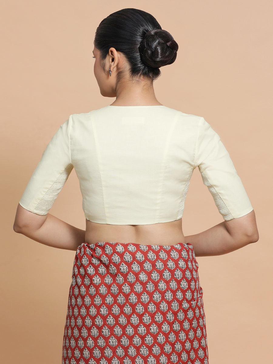 Nalani x Rozaana Saree Blouse, in White Linen, featuring elbow sleeves and v-neckline, made for daily & work (view 2).