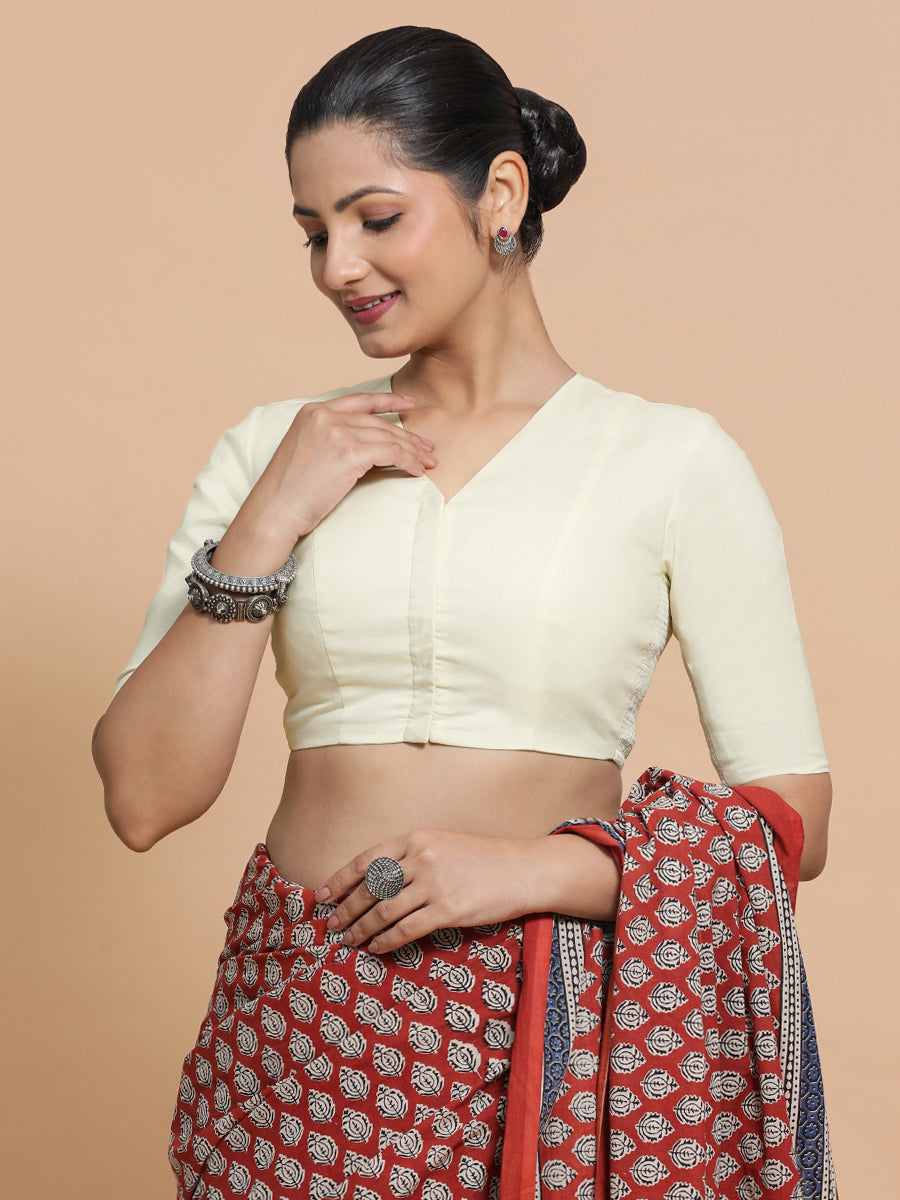 Nalani x Rozaana Saree Blouse, in White Linen, featuring elbow sleeves and v-neckline, made for daily & work (view 7).
