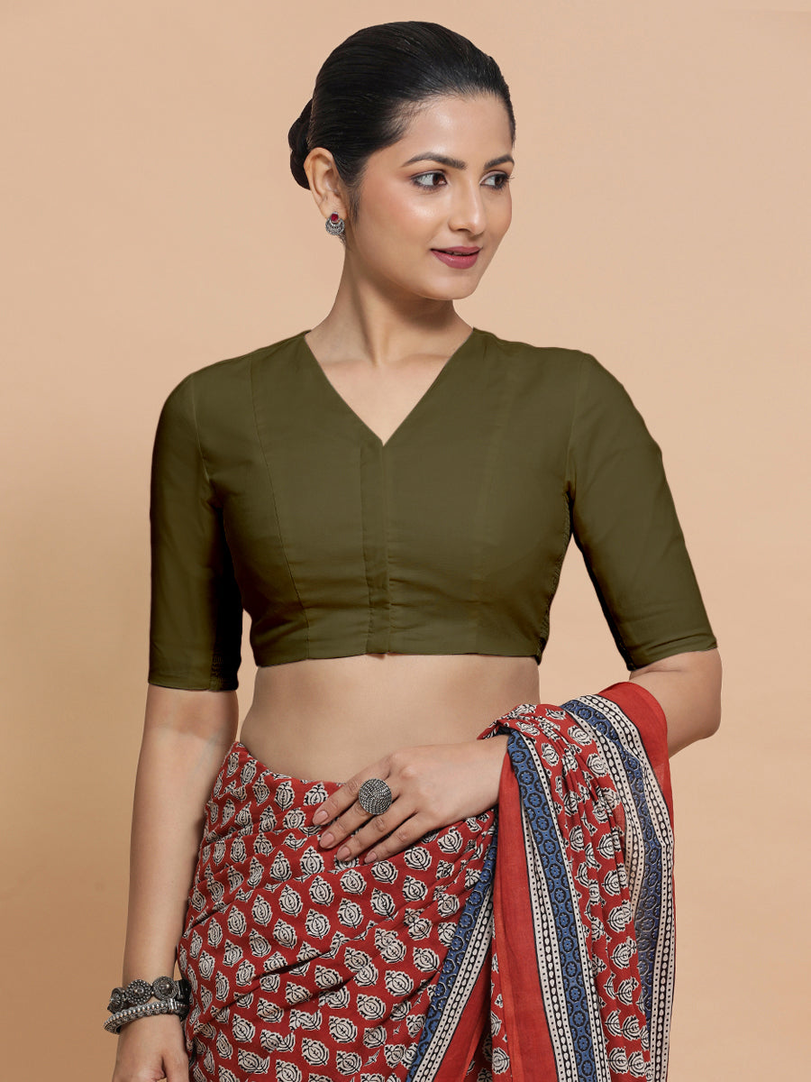Nalani x Rozaana Saree Blouse, in Green Linen, featuring elbow sleeves and v-neckline, made for daily & work.