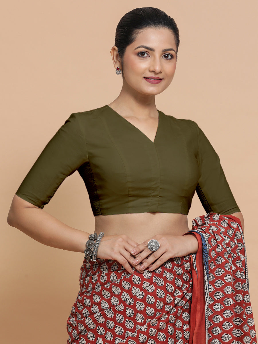 Nalani x Rozaana Saree Blouse, in Green Linen, featuring elbow sleeves and v-neckline, made for daily & work (view 5).