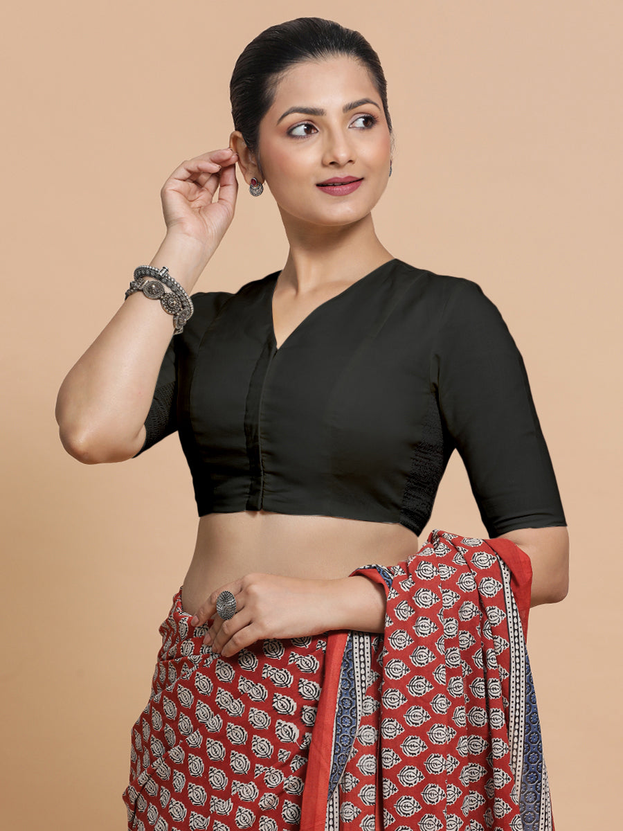 Nalani x Rozaana Saree Blouse, in Black Linen, featuring elbow sleeves and v-neckline, made for daily & work.