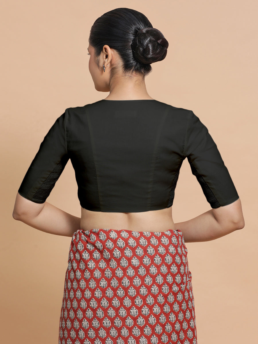 Nalani x Rozaana Saree Blouse, in Black Linen, featuring elbow sleeves and v-neckline, made for daily & work (view 2).