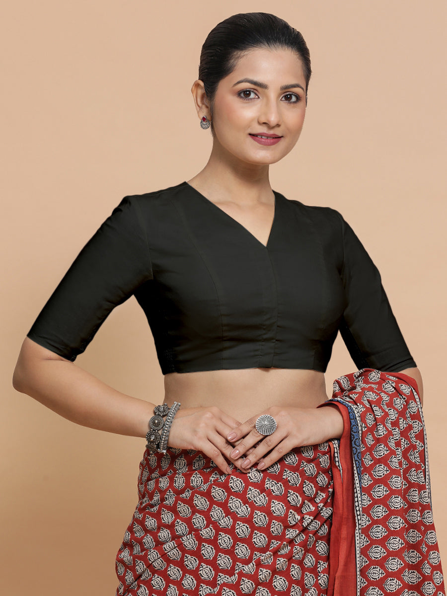 Nalani x Rozaana Saree Blouse, in Black Linen, featuring elbow sleeves and v-neckline, made for daily & work (view 5).