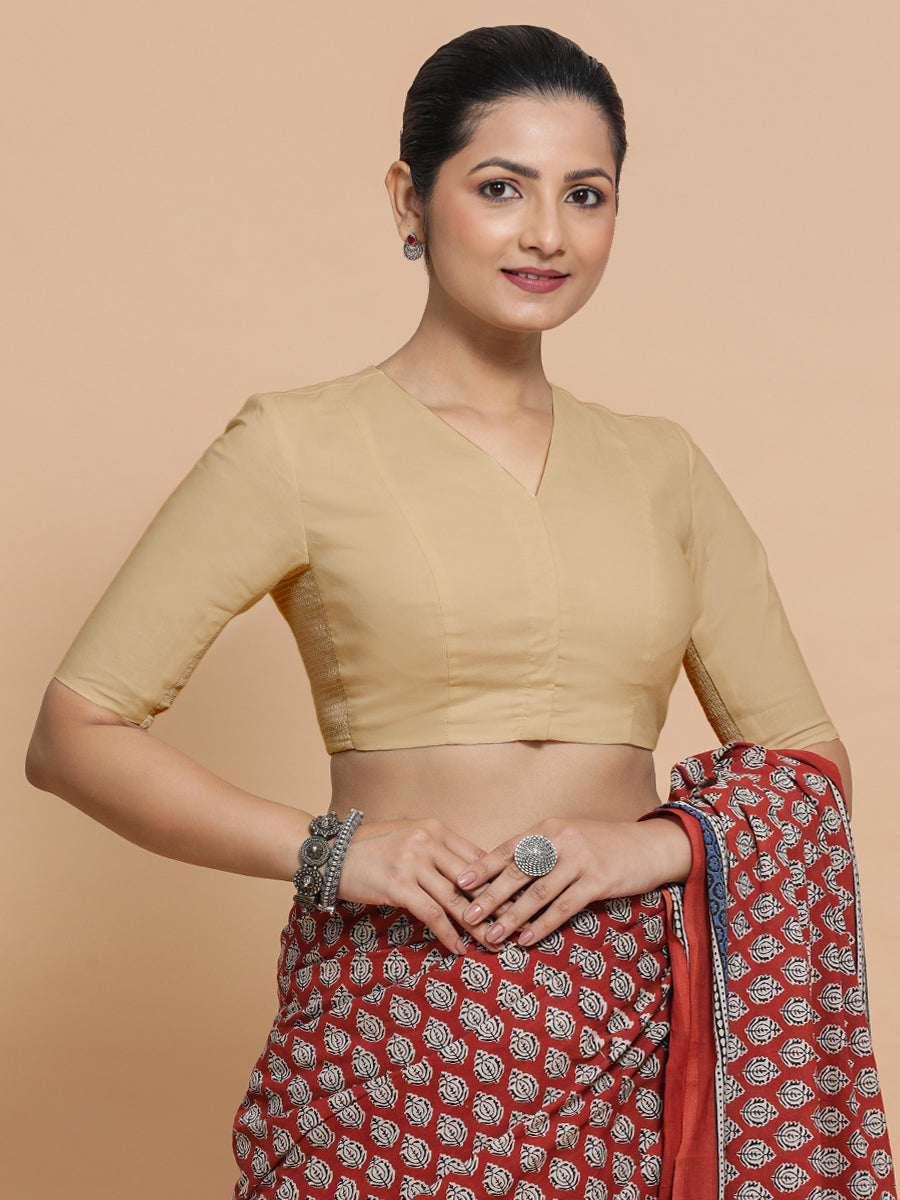 Nalani x Rozaana Saree Blouse, in Beige Linen, featuring elbow sleeves and v-neckline, made for daily & work (view 5).