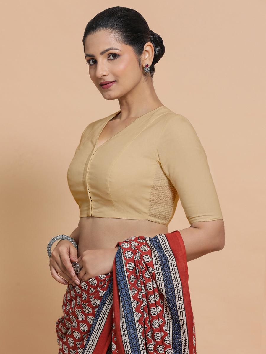 Nalani x Rozaana Saree Blouse, in Beige Linen, featuring elbow sleeves and v-neckline, made for daily & work (view 6).