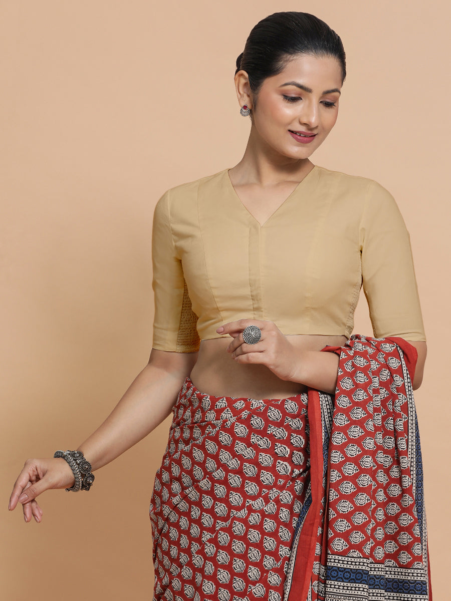 Nalani x Rozaana Saree Blouse, in Beige Linen, featuring elbow sleeves and v-neckline, made for daily & work (view 7).