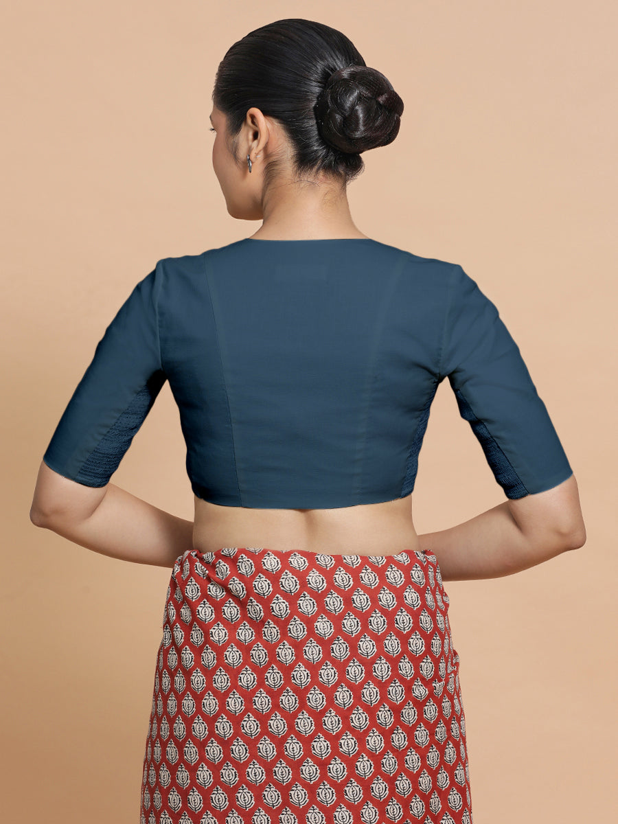 Nalani x Rozaana Saree Blouse, in Blue Linen, featuring elbow sleeves and v-neckline, made for daily & work (view 2).