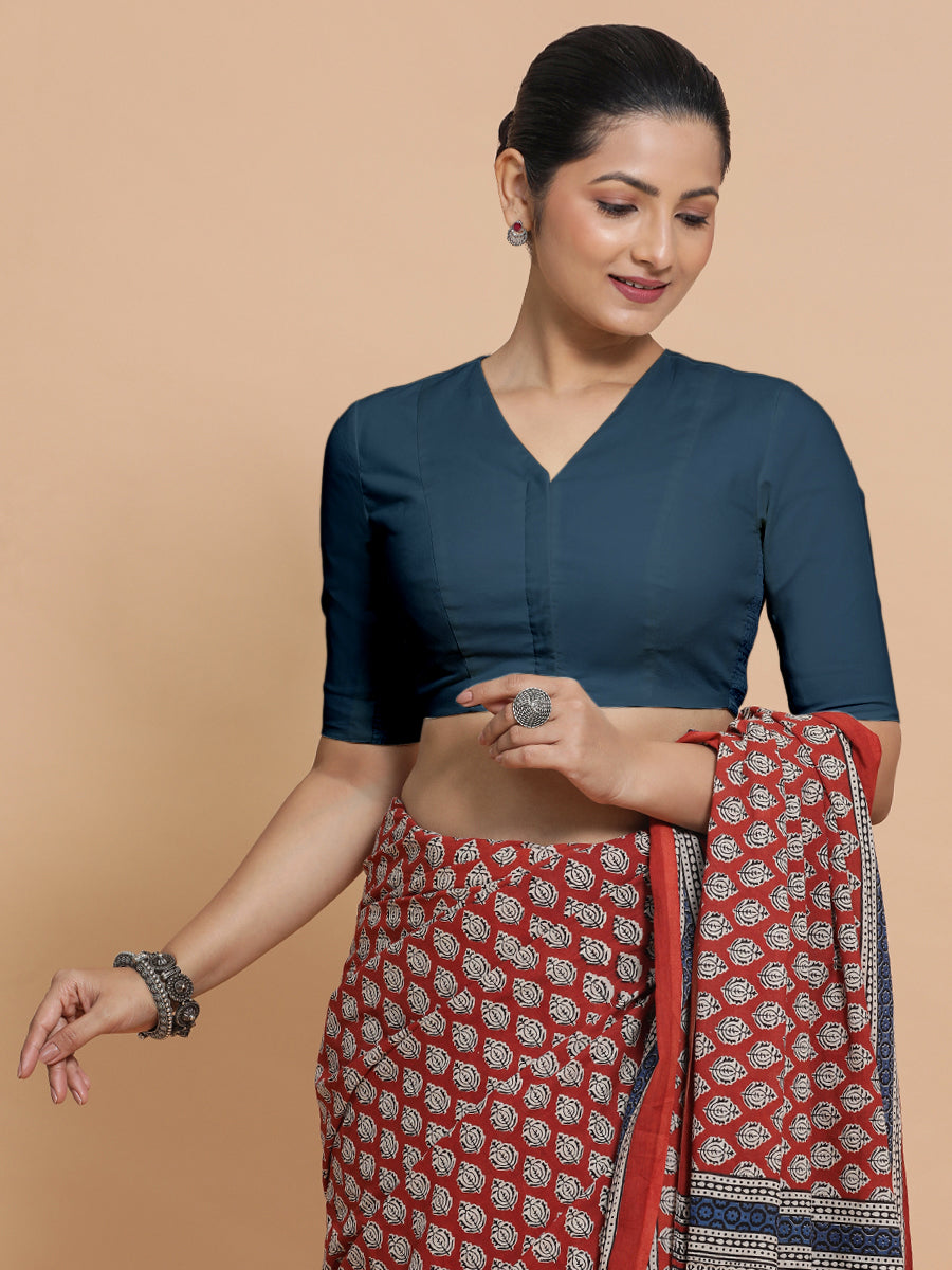 Nalani x Rozaana Saree Blouse, in Blue Linen, featuring elbow sleeves and v-neckline, made for daily & work (view 5).