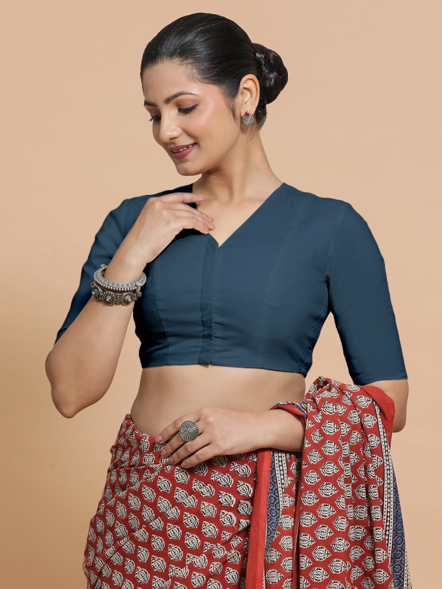 Nalani x Rozaana Saree Blouse, in Blue Linen, featuring elbow sleeves and v-neckline, made for daily & work (view 7).