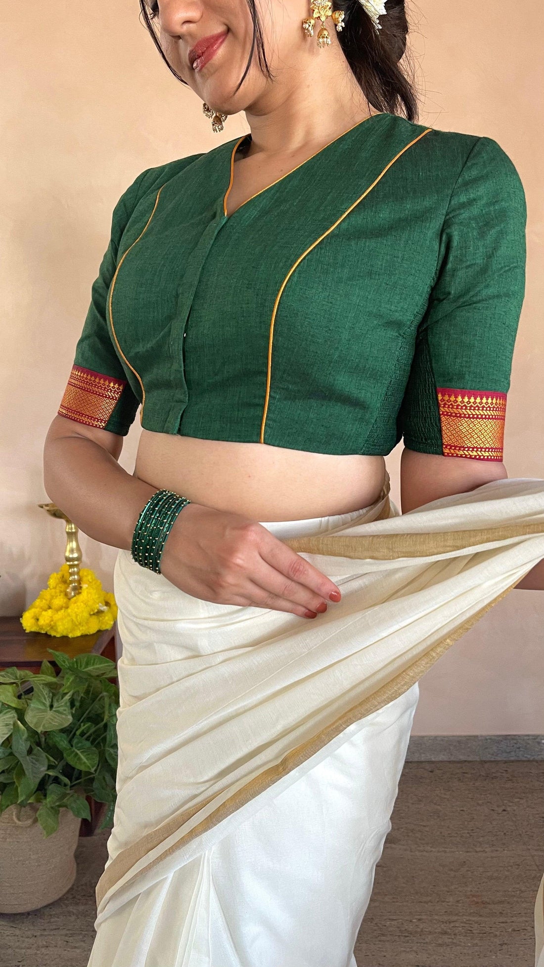 Nandini x Tyohaar Saree Blouse, in Green Cotton, featuring elbow sleeves, made for party & festive.