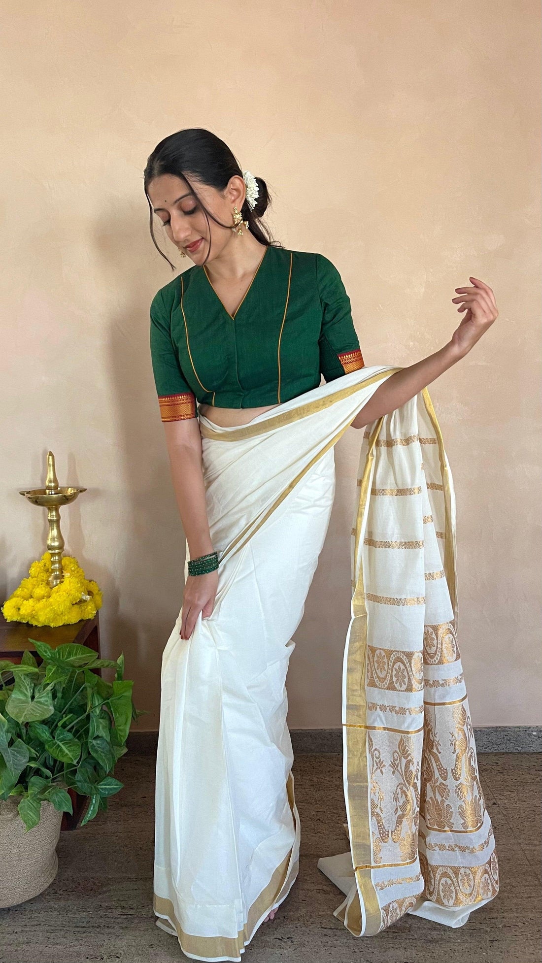 Nandini x Tyohaar Saree Blouse, in Green Cotton, featuring elbow sleeves, made for party & festive (view 4).