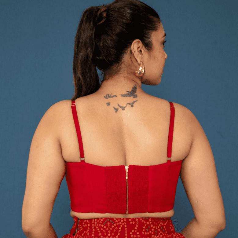 Nargis x Rozaana Saree Blouse, in Red Vegan Silk, featuring sleeveless and sweetheart neckline, made for party & festive.