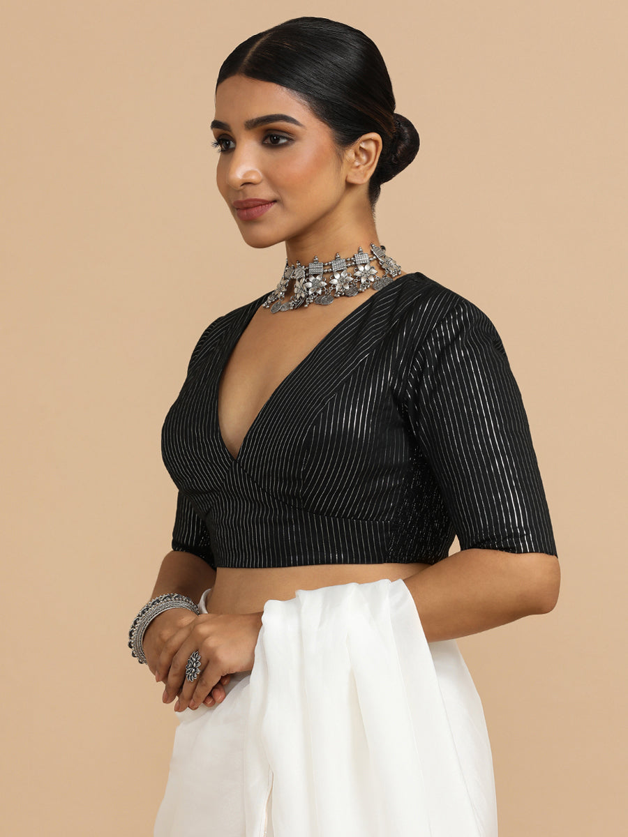 Natasha x Rozaana Saree Blouse, in Black 100% Cotton & Lurex, featuring elbow sleeves and v-neckline (view 7).