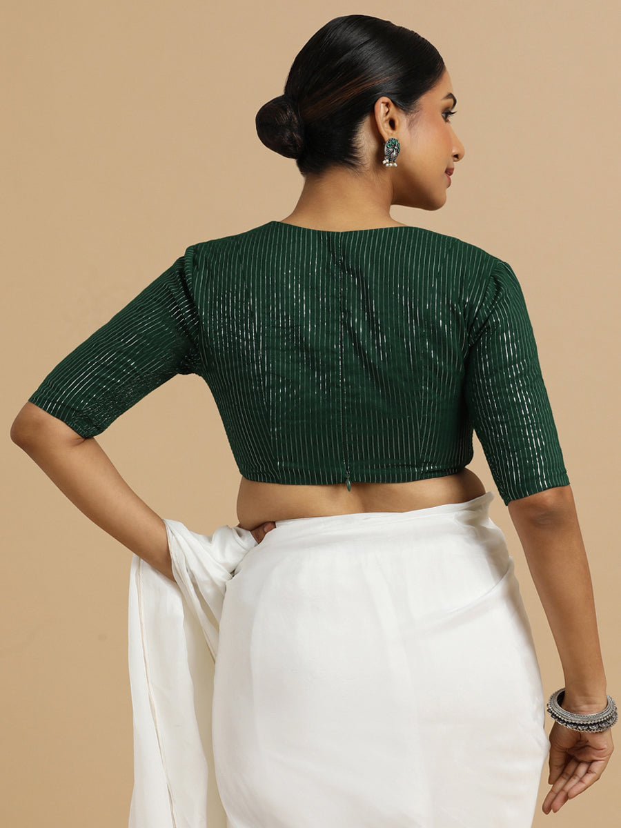 Natasha x Rozaana Saree Blouse, in Green 100% Cotton & Lurex, featuring elbow sleeves and v-neckline (view 2).