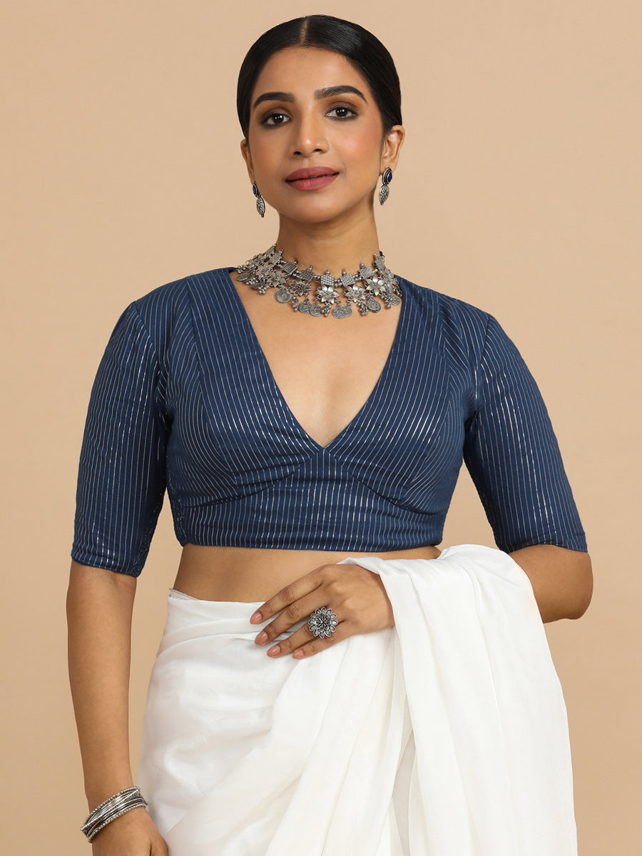 Natasha x Rozaana Saree Blouse, in Blue 100% Cotton & Lurex, featuring elbow sleeves and v-neckline (view 6).