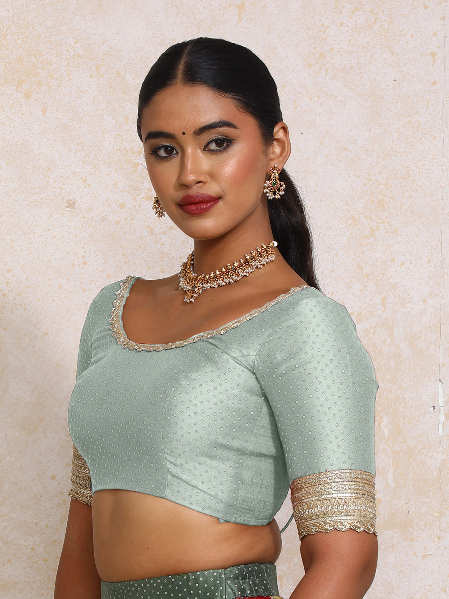Navika x Tyohaar Saree Blouse, in Blue Chandheri, featuring elbow sleeves and scoop neckline, made for party & festive (view 7).