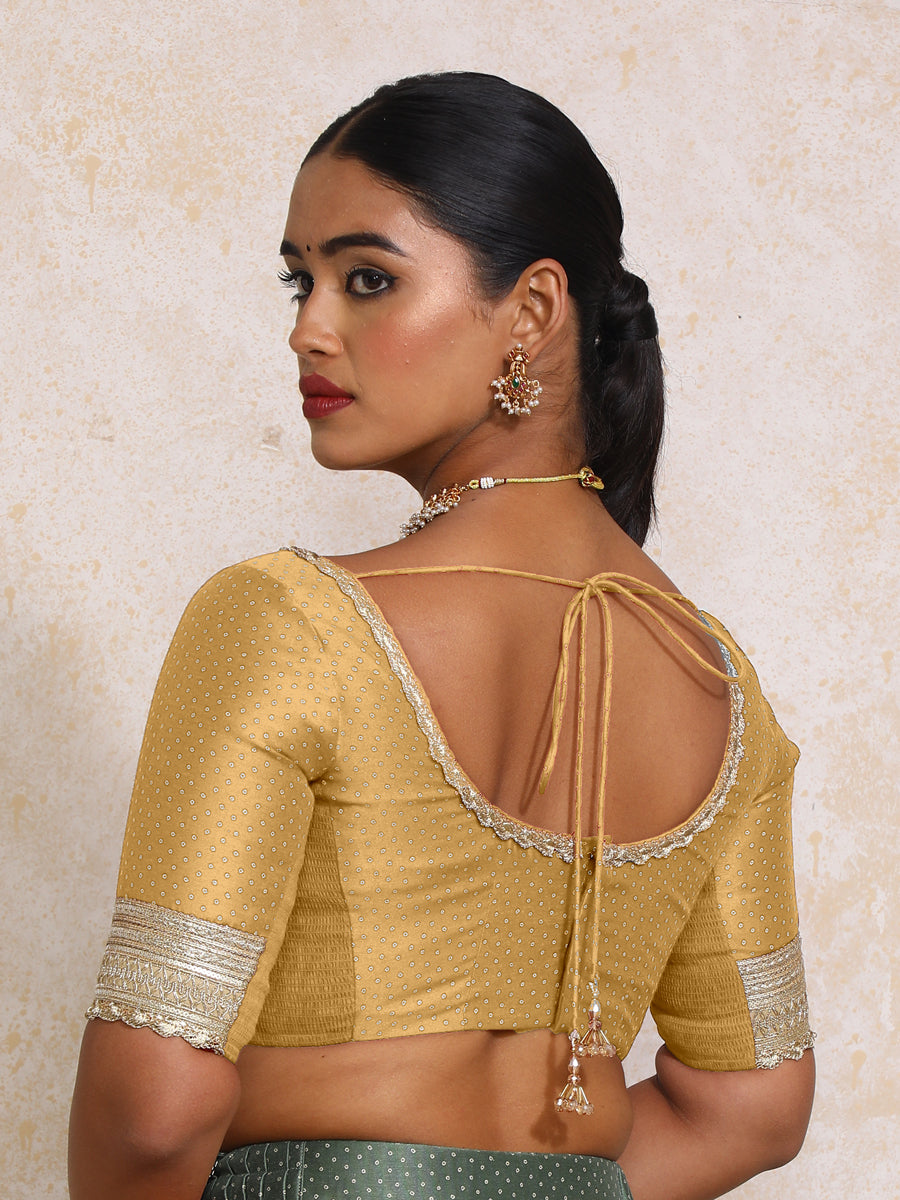 Navika x Tyohaar Saree Blouse, in Gold Chandheri, featuring elbow sleeves and scoop neckline, made for party & festive (view 2).